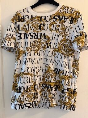 Versace White T-Shirt with Gold Baroque and Black Logo Print